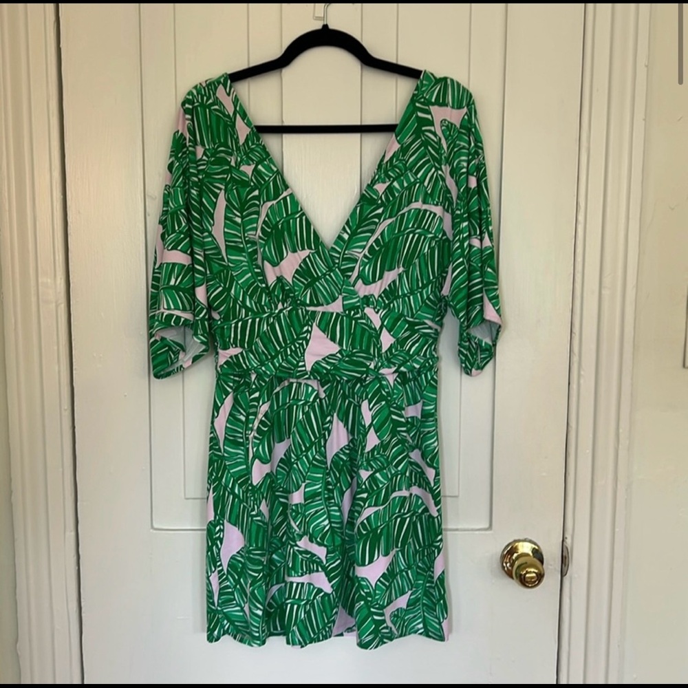 Lilly Pulitzer Green and Pink Palm-Print Wrap Mini Dress